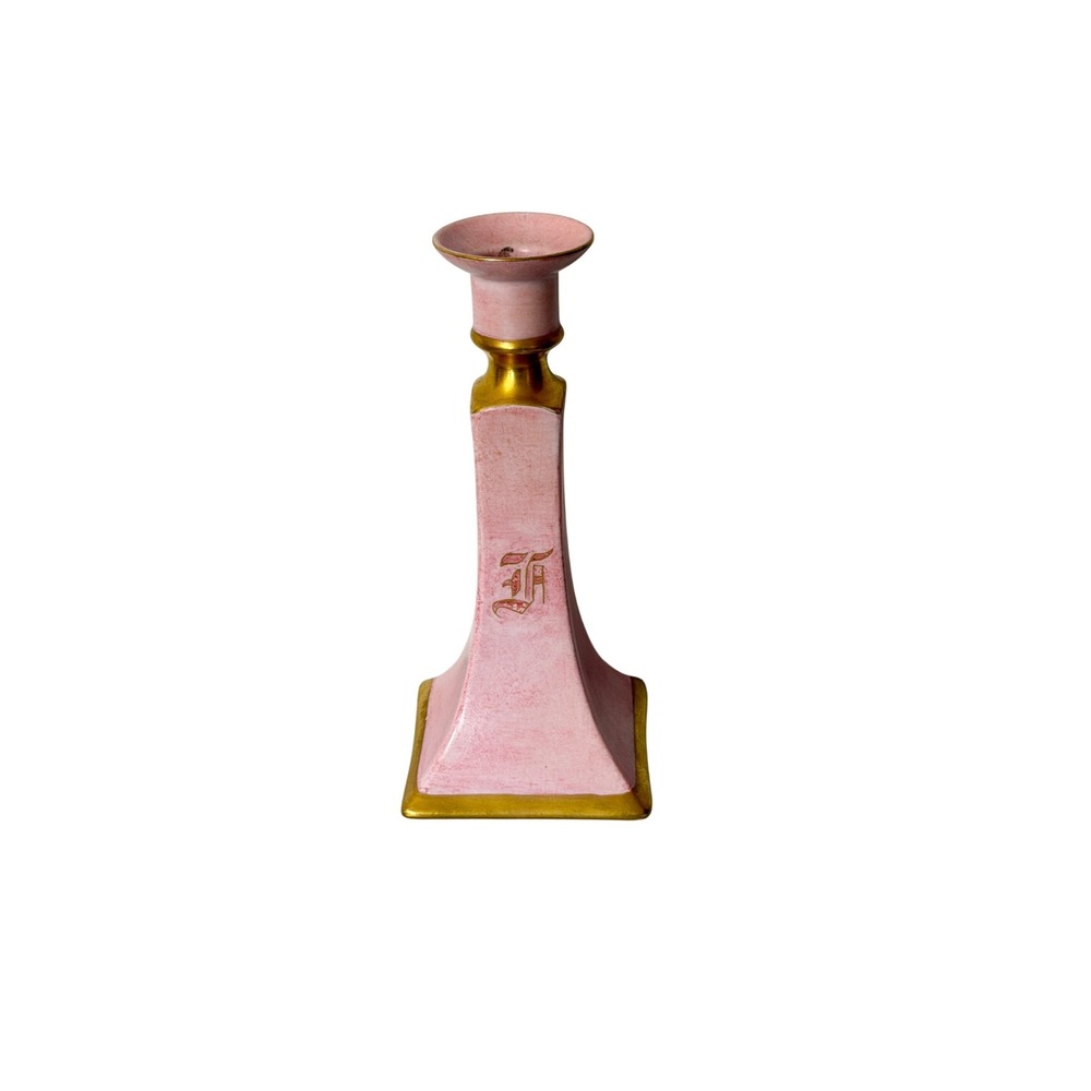 B & Co Limoges Candlestick Holder Pink Antique 1918 Gold Gilt France